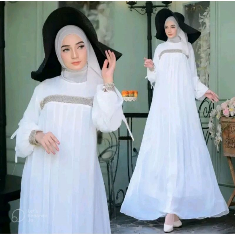 Medina dress Baju gamis wanita bahan cringcle air flow mix renda tangan balon all size