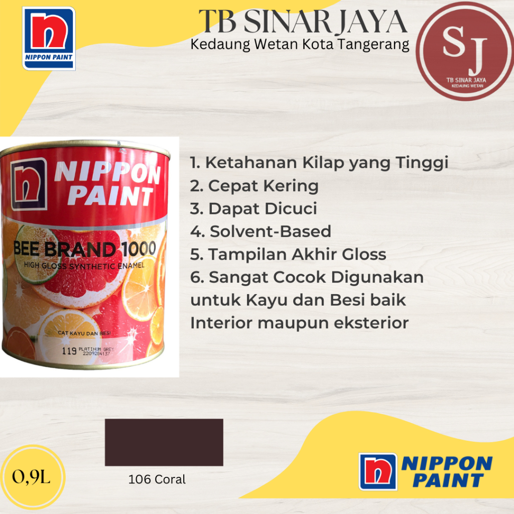Cat Kayu dan Besi BEE BRAND 1000 Nippon Paint 0.9L - 106 Coral