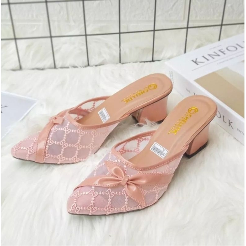 sandal selop wanita motif brukat tinggi hak 5 cm model terbaru
