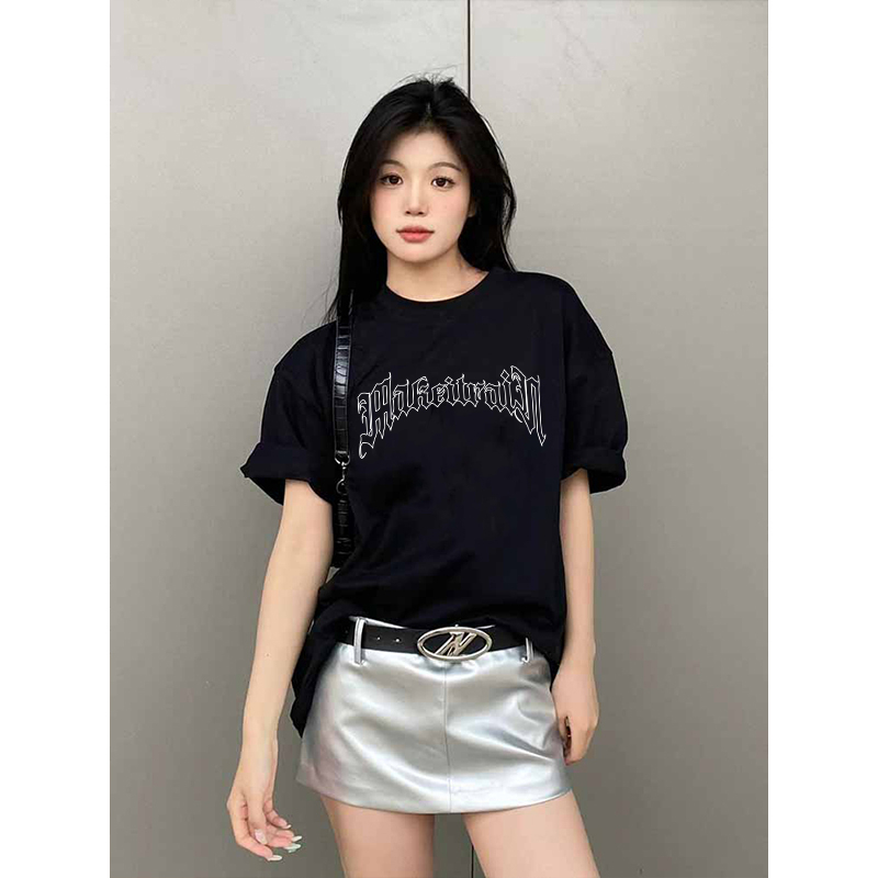 EUNII T-shirt Lengan Pendek Vintage Putih English Design Painting Printing Korean Style/Kaos Atasan Wanita/Baju Wanita/Kaos Wanita