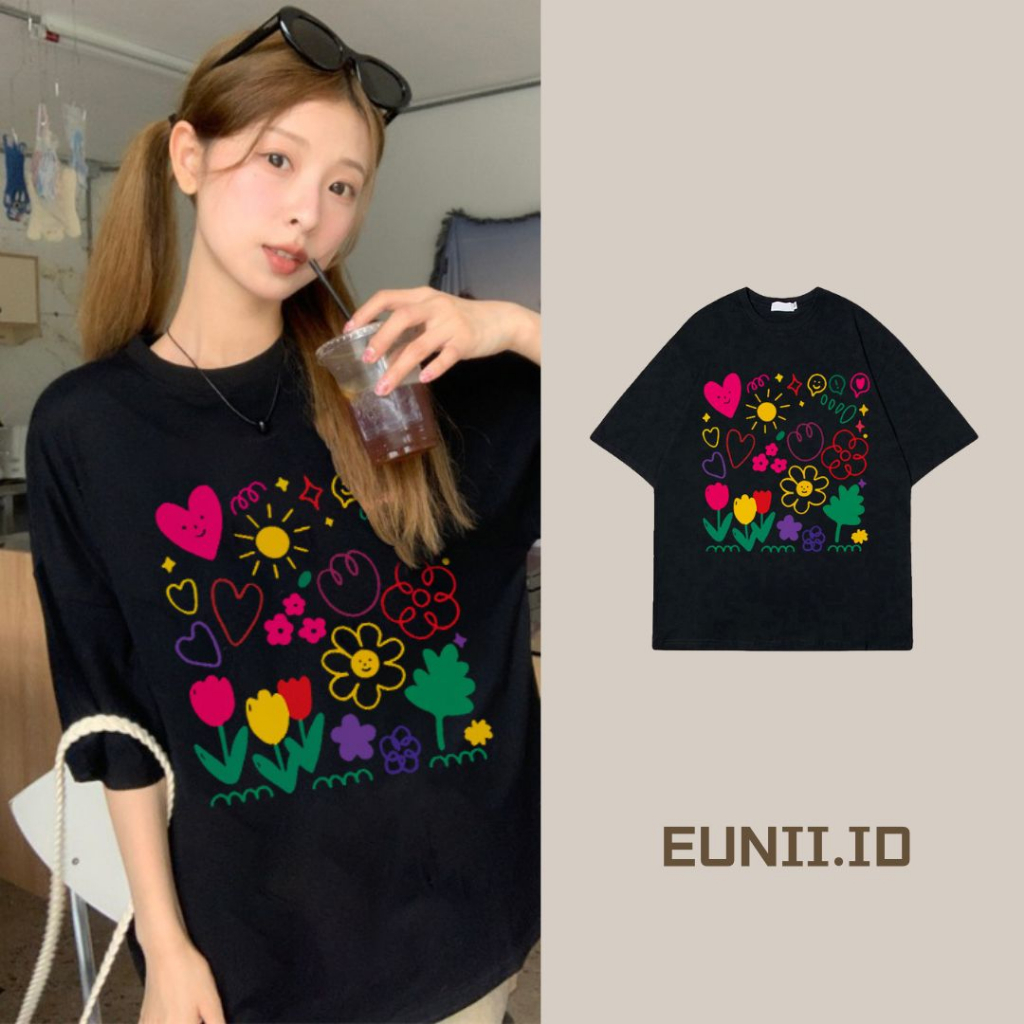 EUNII T-shirt Lengan Pendek Cartoon Color Painting Printing Korean Style/Kaos Atasan Wanita/Baju Wanita/Kaos Wanita