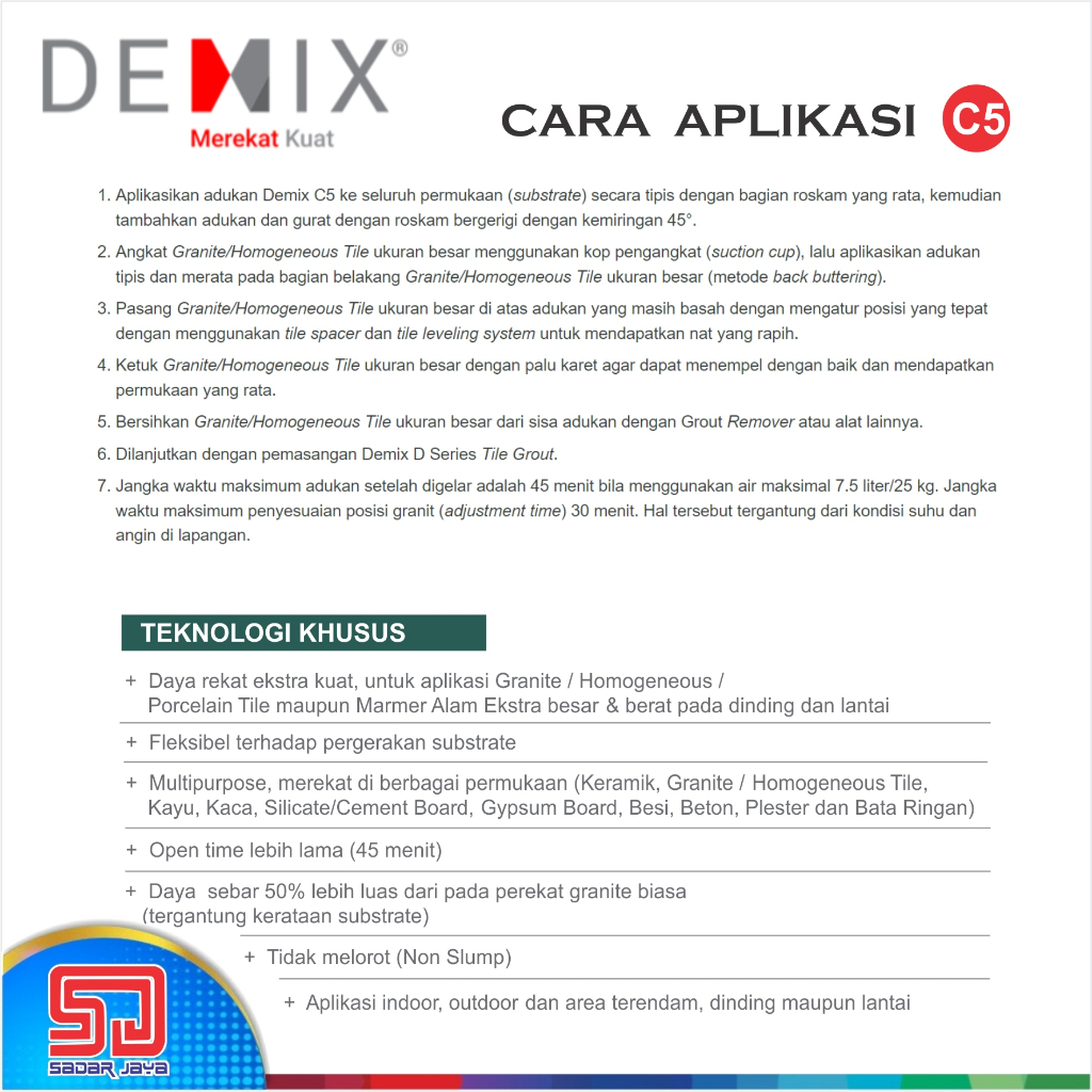 Semen Instan DEMIX C5 Perekat Granit Ukuran Besar Mortar Instant Granite Homogeneous Tile Adhesive Big Slab