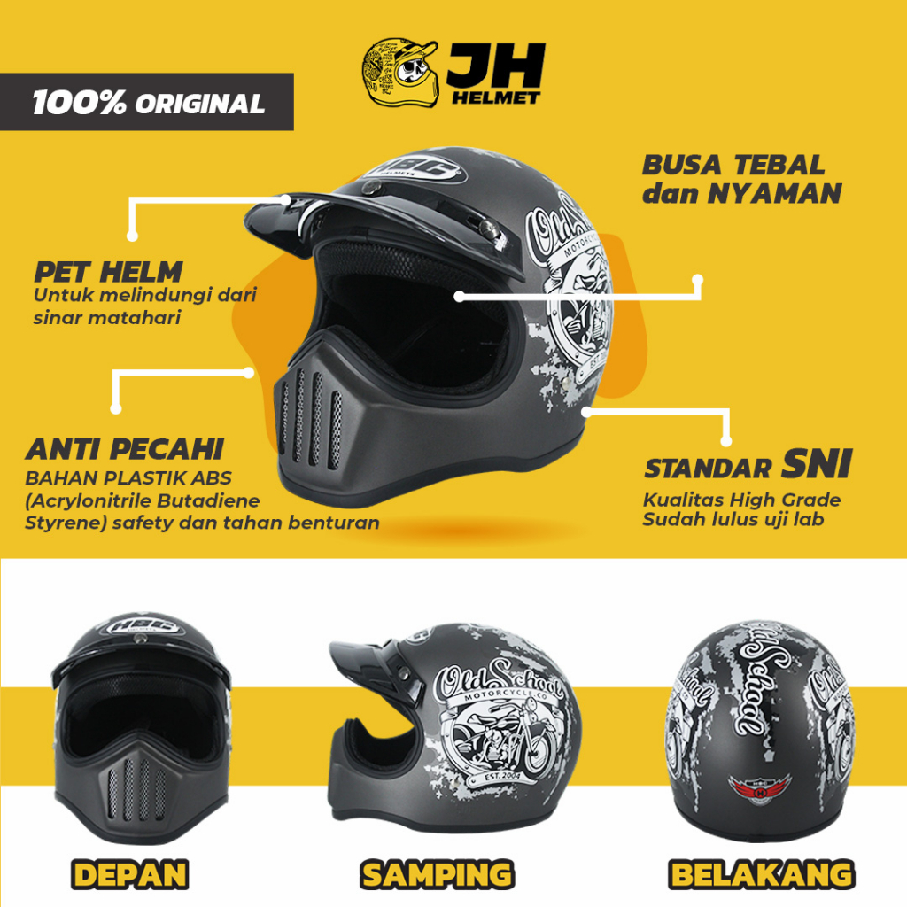 Helm Cakil HBC New Old School Grey Doff + FREE GOGGLE | Retro Full Face | JUAL HELM