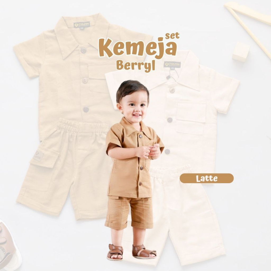 Nauree - Setelan Kemeja Berryl Celana Pendek Selutut Untuk Umur 3 Bulan 1 2 4 5 6 Tahun Bahan Katun Linen Tampil Modis Stylish Nyaman Tersedia Kantong dan Saku Tebal Kualitas Premium