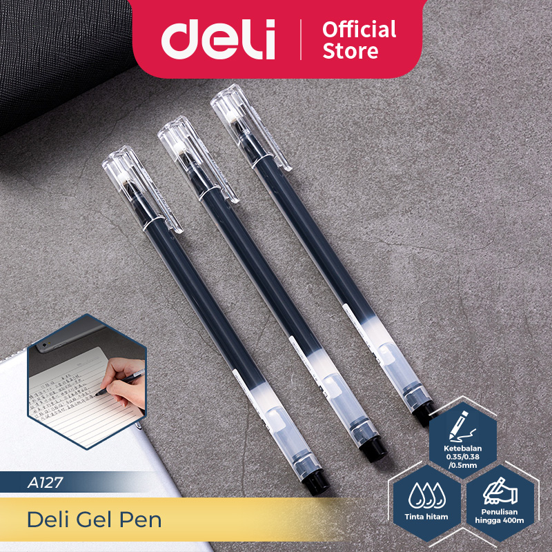 Deli Gel Pen / Pulpen Gel 0.5mm Tinta Hitam Isi 12 pcs Tinta Banyak Dengan Tutup ATK Kantor A127-Bla