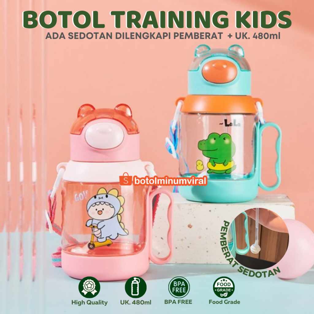 Botol Minum Anak Sekolah Anti Tumpah BPA Free Sedotan Tali Pegangan