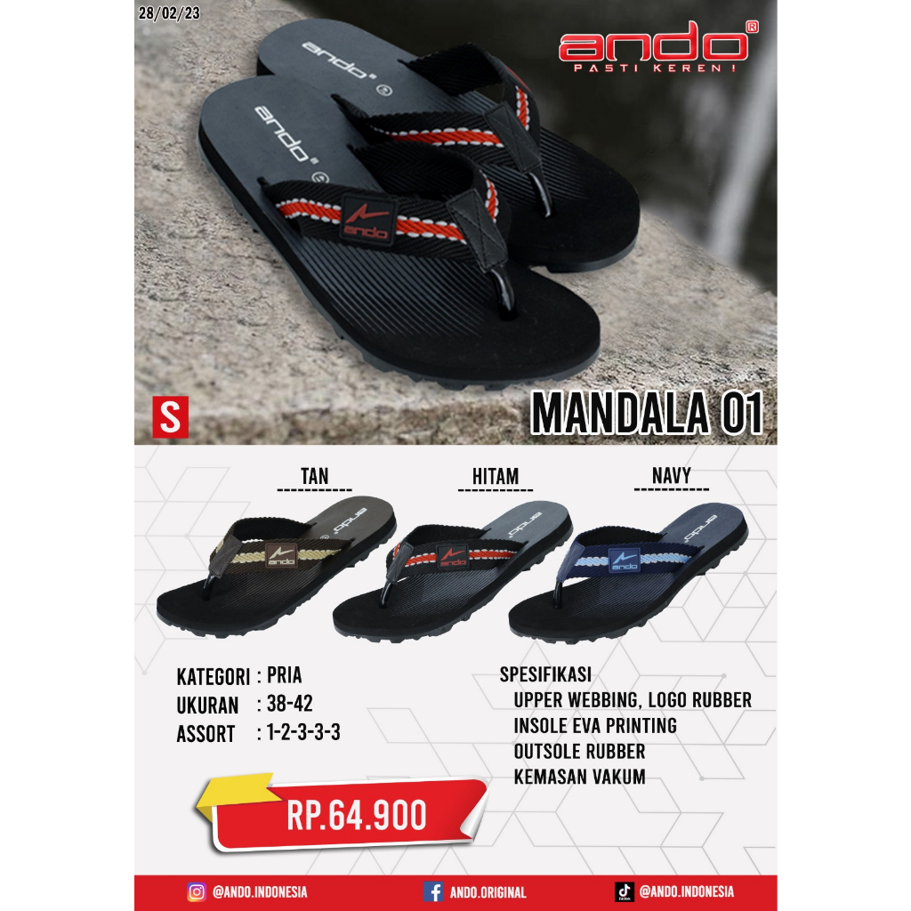 Ando Mandala 01/02 Sandal Jepit Terbaru Sol Karet Anti Slip Sendal Casual Pria Trendy Ando Original