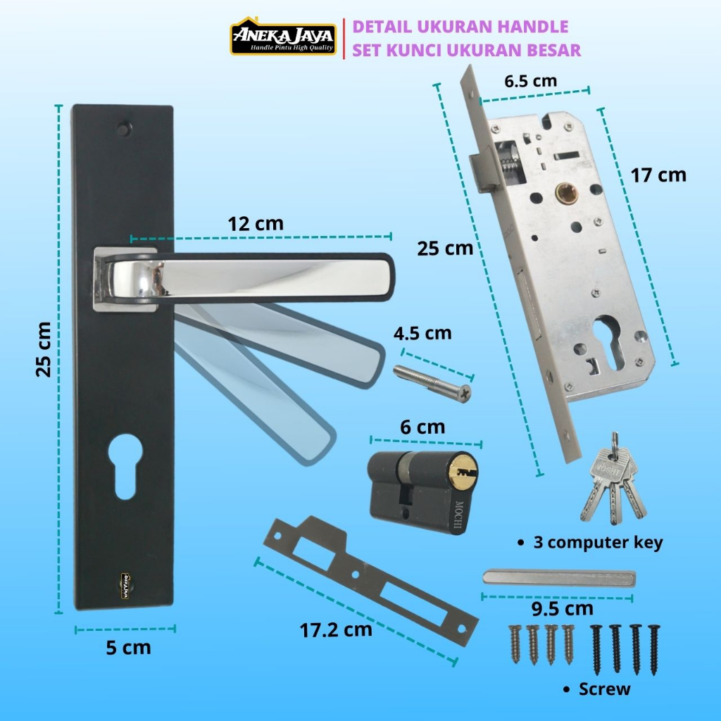 Handle Set Kunci Pintu Hitam Ring Silver Ukuran Besar 25 cm Tanggung 20 Kecil 15 - Gagang Handle Kamar Utama