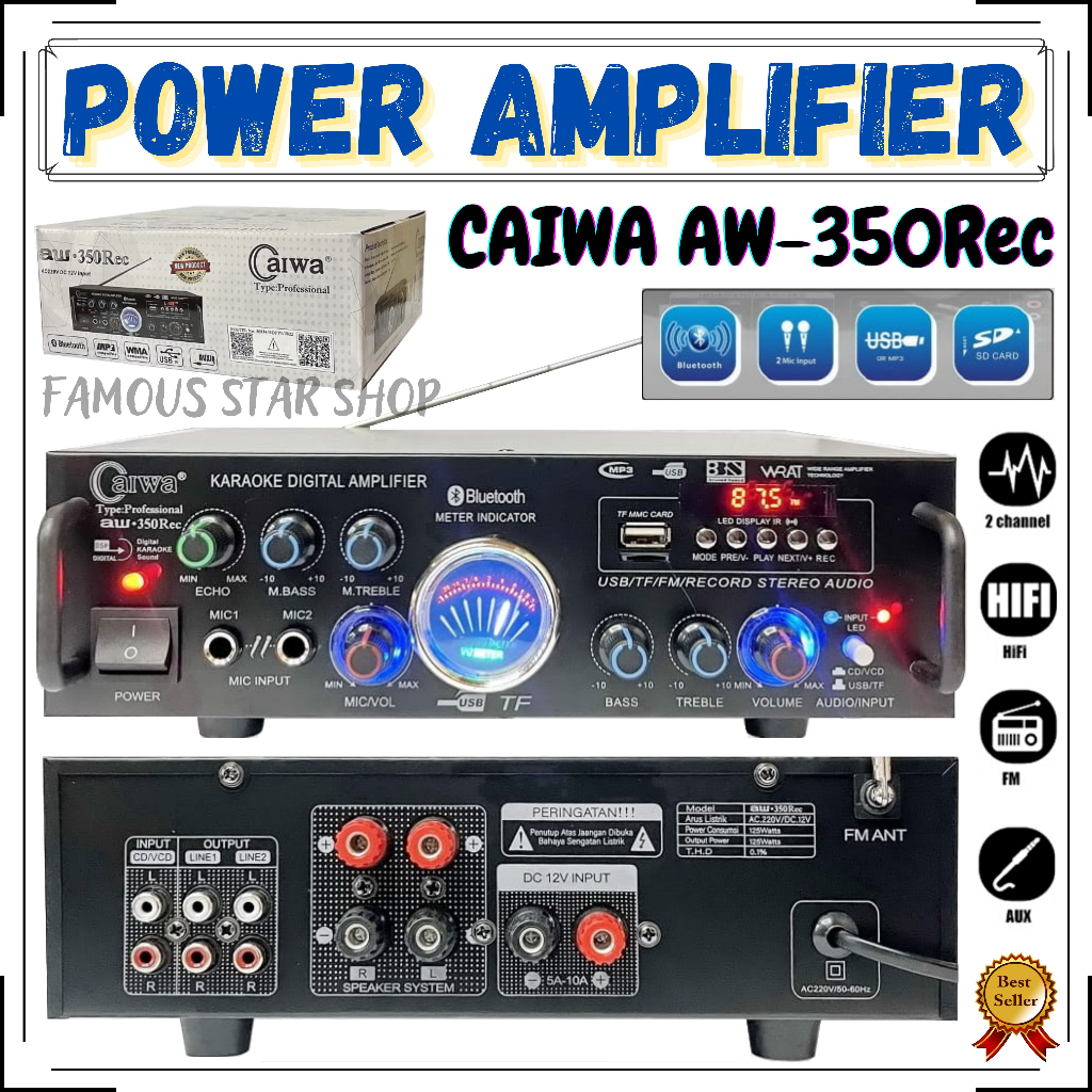 Power Amplifier Bluetooth Caiwa AW-350Rec Karaoke Stereo + MP3 Player Ampli Bluetooth FM Radio TF Card USB BT AUX/Audio Amplifier Bluetooth Karaoke CAIWA/Ampli Bluetooth CAIWA Karaoke Bisa Rekam Suara | FMS