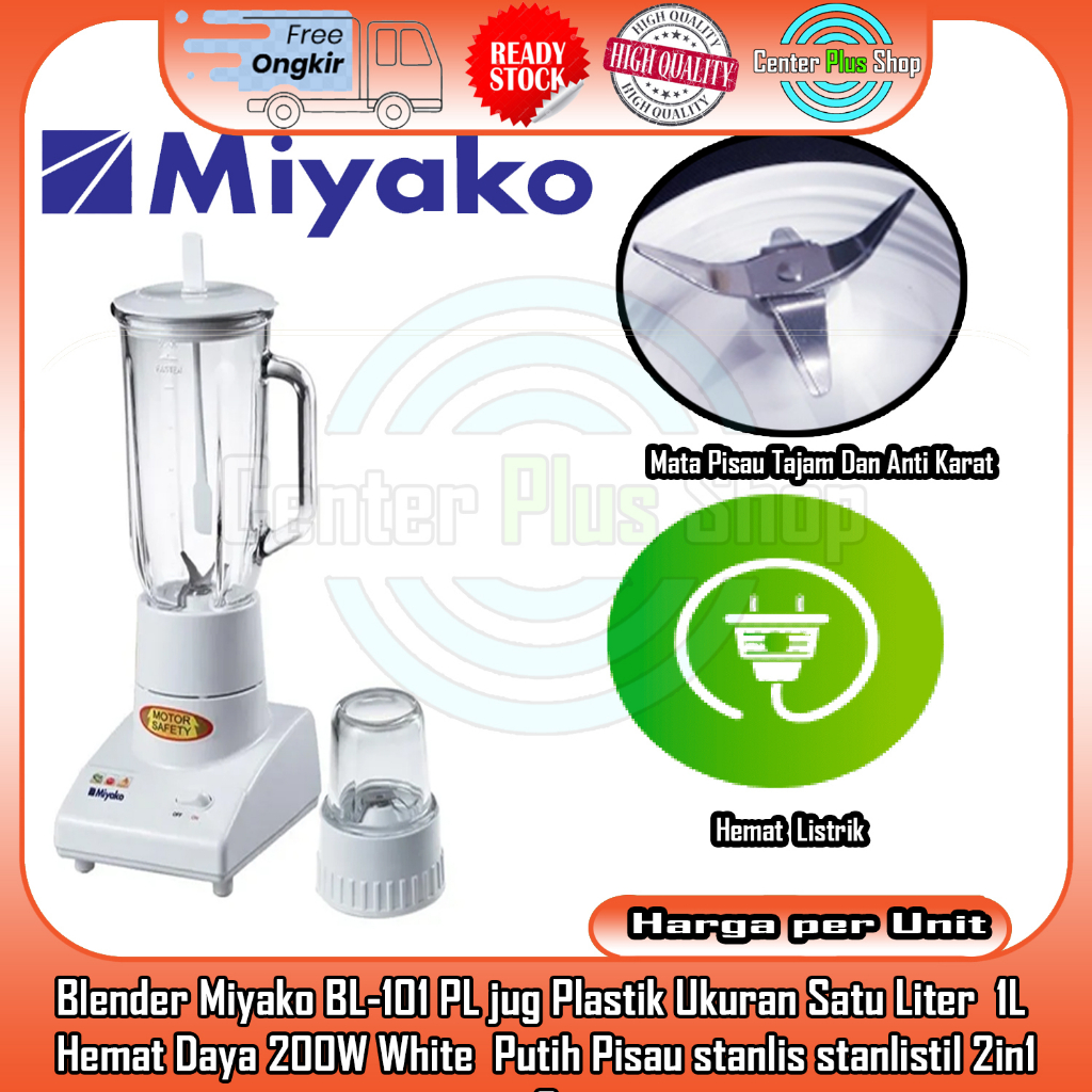 Blender Miyako BL-101 PL jug Plastik Ukuran Satu Liter  1L  Hemat Daya 200W White  Putih  stanlis st