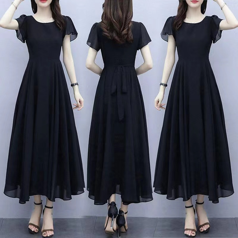 2025 gaun sifon baru gaun temperamen hitam panjang/dress hitam/midi dress korea