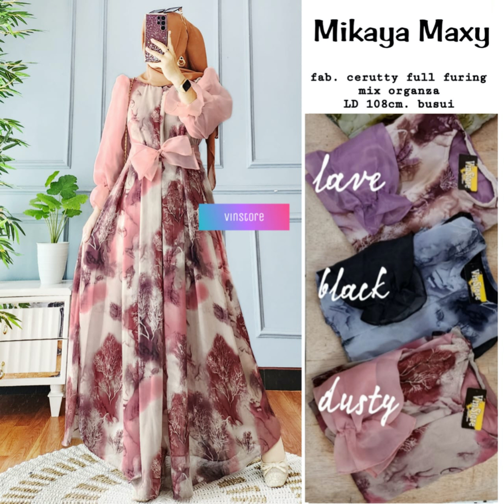 MIKAYA MAXY DRESS MOTIF BY VINSTORE BAHAN CERUTY FULL FURING MIX ORGANZA BUSUI