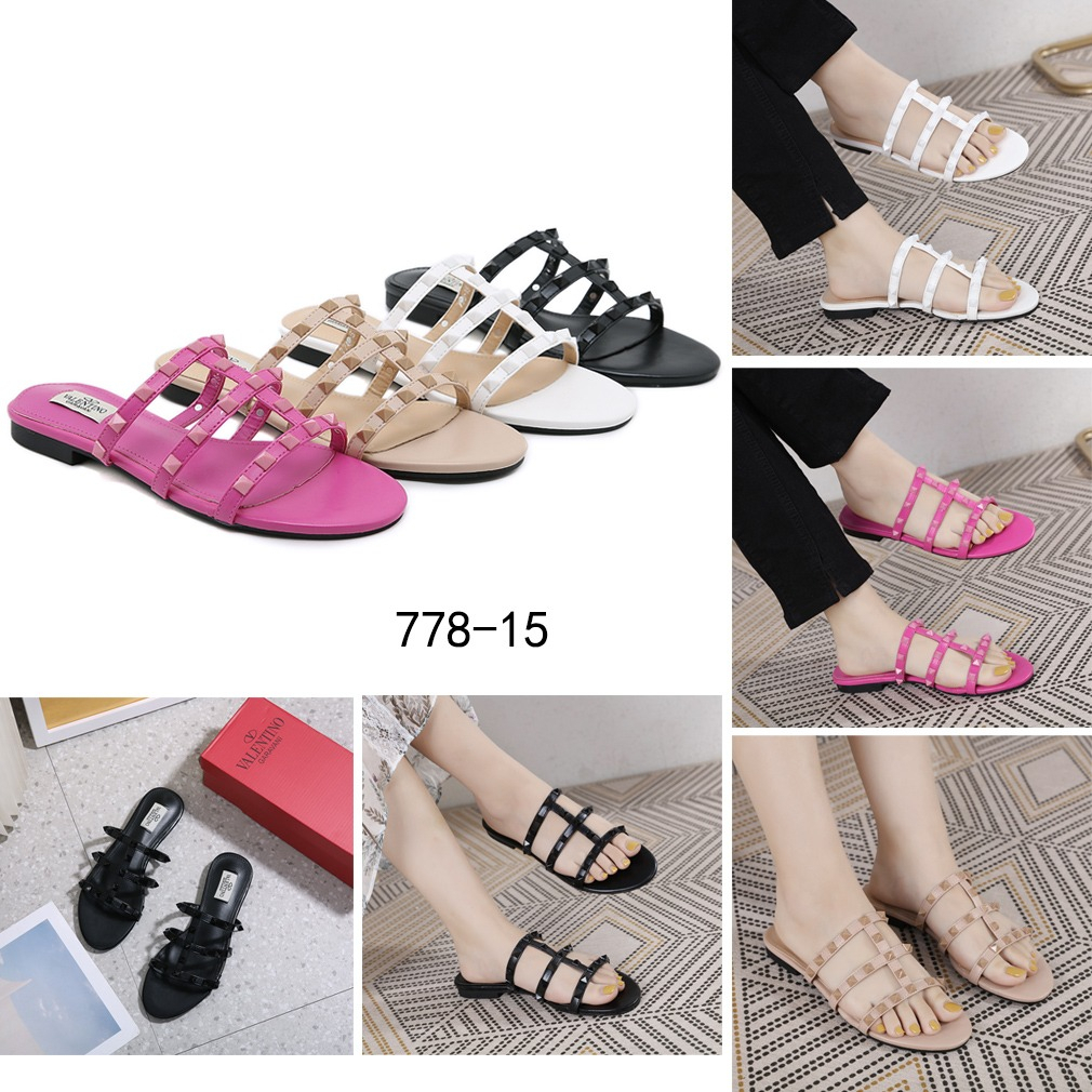 V 778-15 Leather Rockstud Flat Slides Sandals