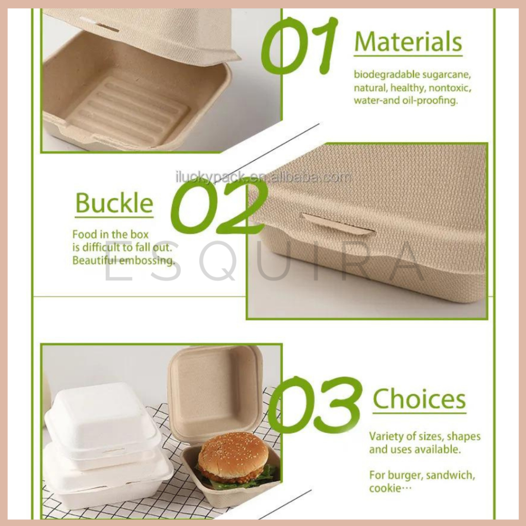 Sugarcane Bagasse Burger Box 6 Inch / Korean Cake Box 450 ML / Lunch Box / 25 Pcs / B66-B / B66-W