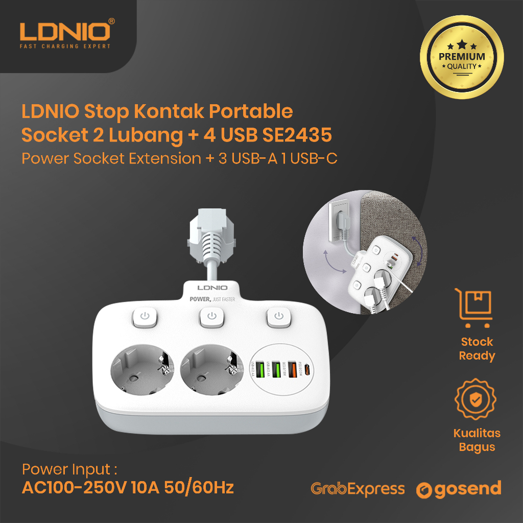 LDNIO SE2435 STOP KONTAK COLOKAN ON OFF USB FAST CHARGING QC 3.0 20W