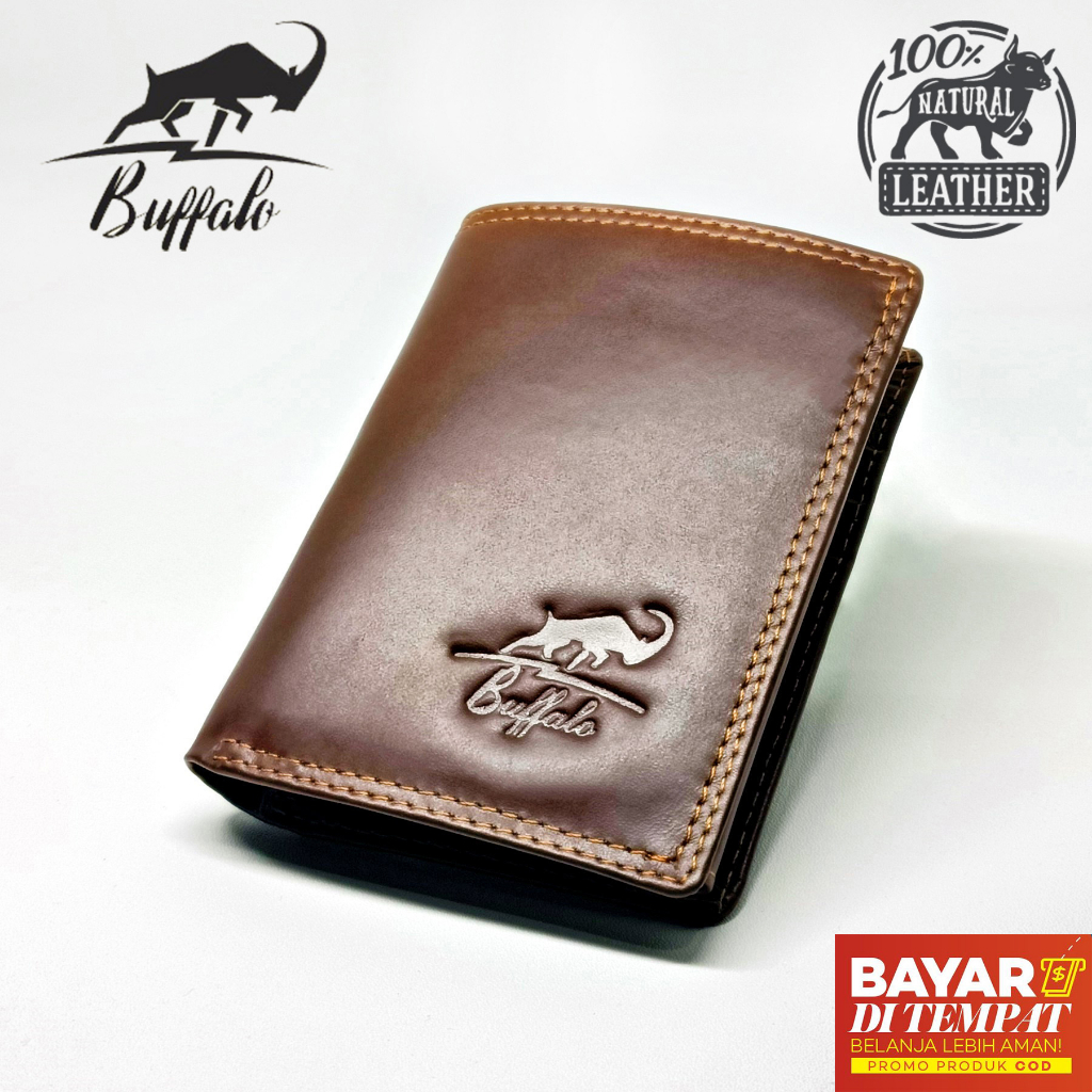 Buffalo Dompet Pria 100% Kulit Asli Slot Kartu Banyak Model Lipat Casual - Hitam Black