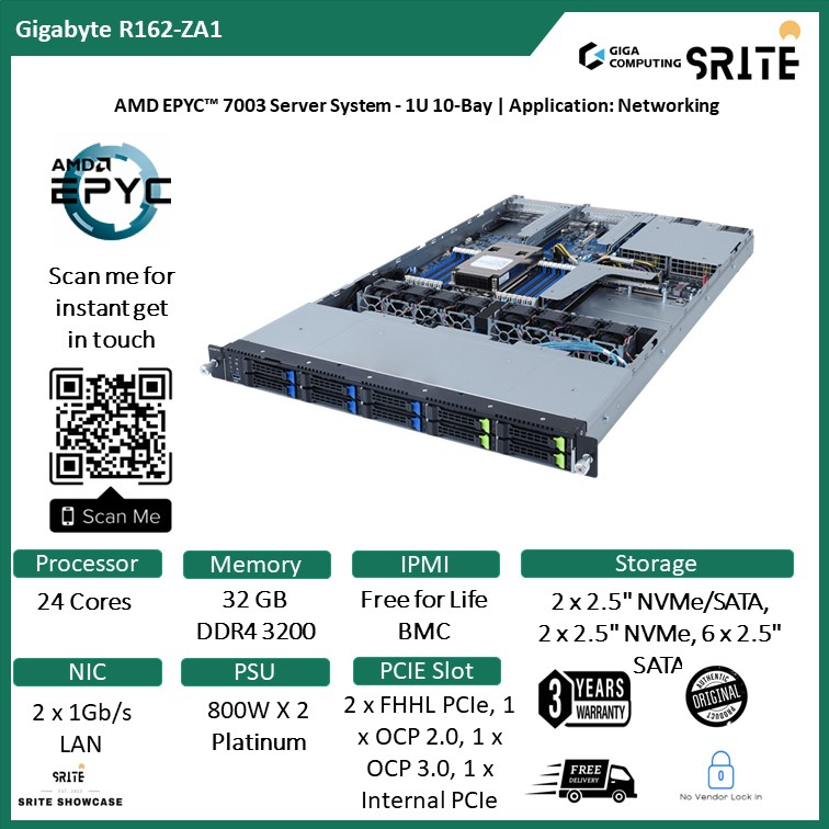 Server Gigabyte AMD Epyc Milan 24 Core 32GB 2TB SSD R162-ZA1 Nvme Bays