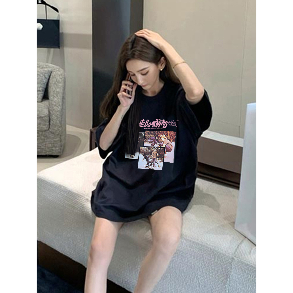 Baju kaos wanita lengan pendek american retro oversize printed T-shirt kekinian basic cream kaos