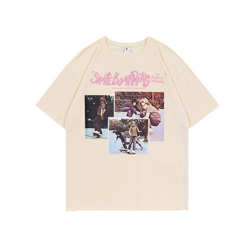 Baju kaos wanita lengan pendek american retro oversize printed T-shirt kekinian basic cream kaos