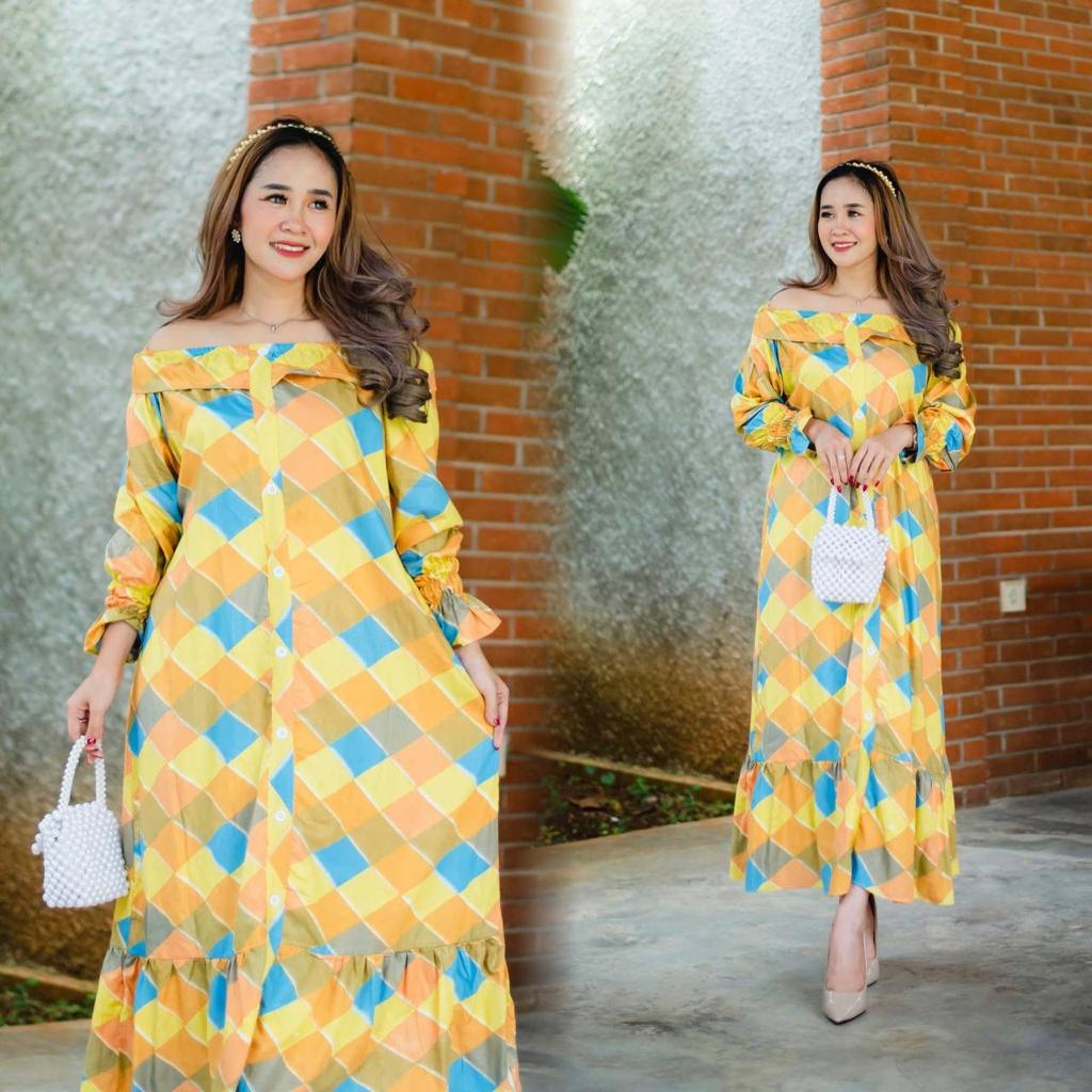 BAJU WANITA TERBARU DRESS MIDI FULL KANCING LENGAN PANJANG GAUN A-LINE LD120 PB130