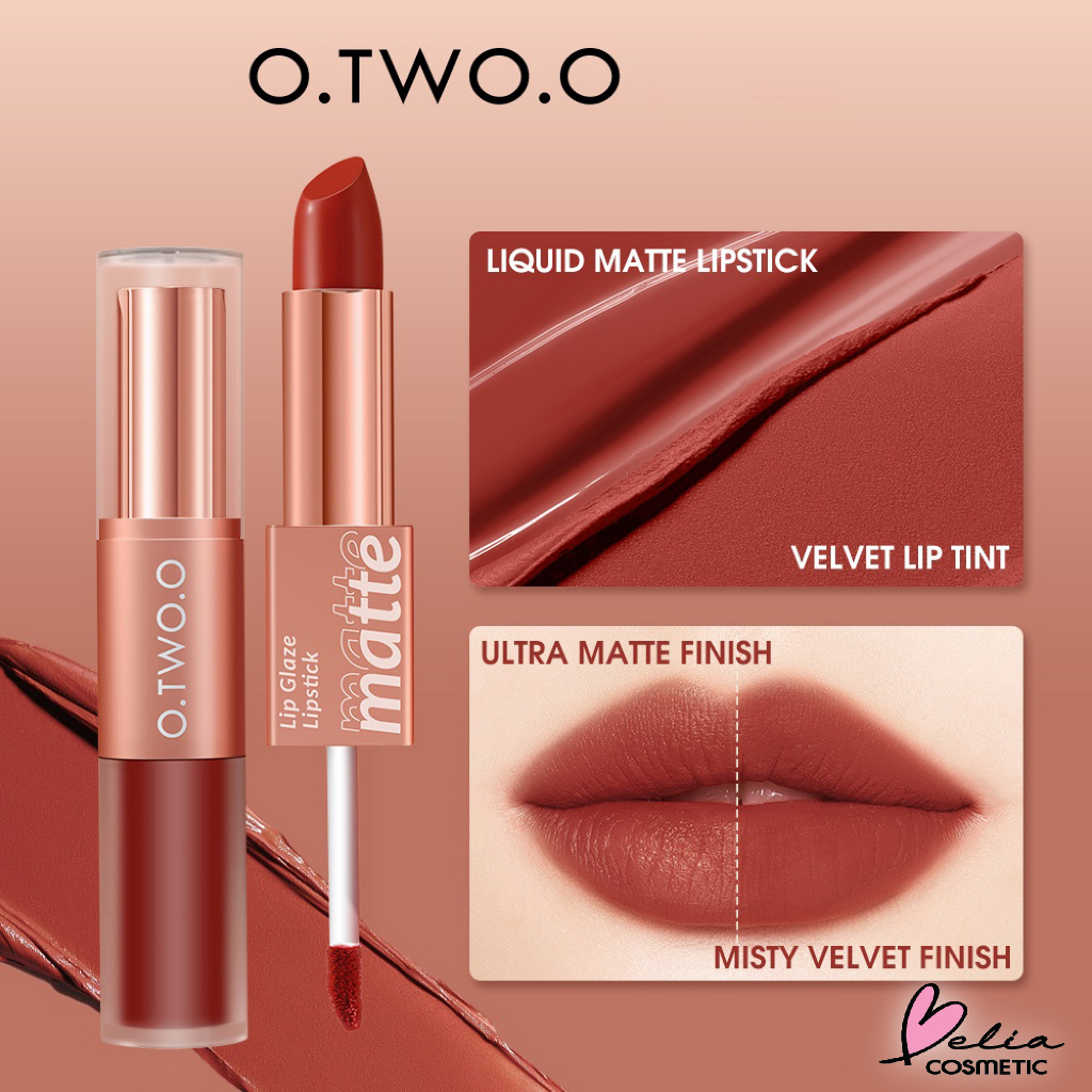 ❤ BELIA ❤ O.TWO.O 2in1 Splendid Matte Double-ended Lip Glaze and Lipstick | Lipstick Intense Color Dual-Stick 2 In 1 Liquid Matte Misty Velvet Lip Tint High Pigment Lasting Non-cracking