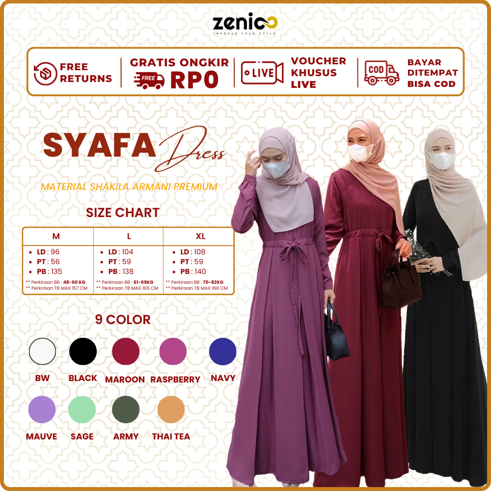 SYAFA DRESS SIZE M,L,XL TERBARU BAHAN SHAKILA PREMIUM PAKAIAN GAMIS TERLARIS MUSLIM WANITA BY ZENIC ID BISA COD