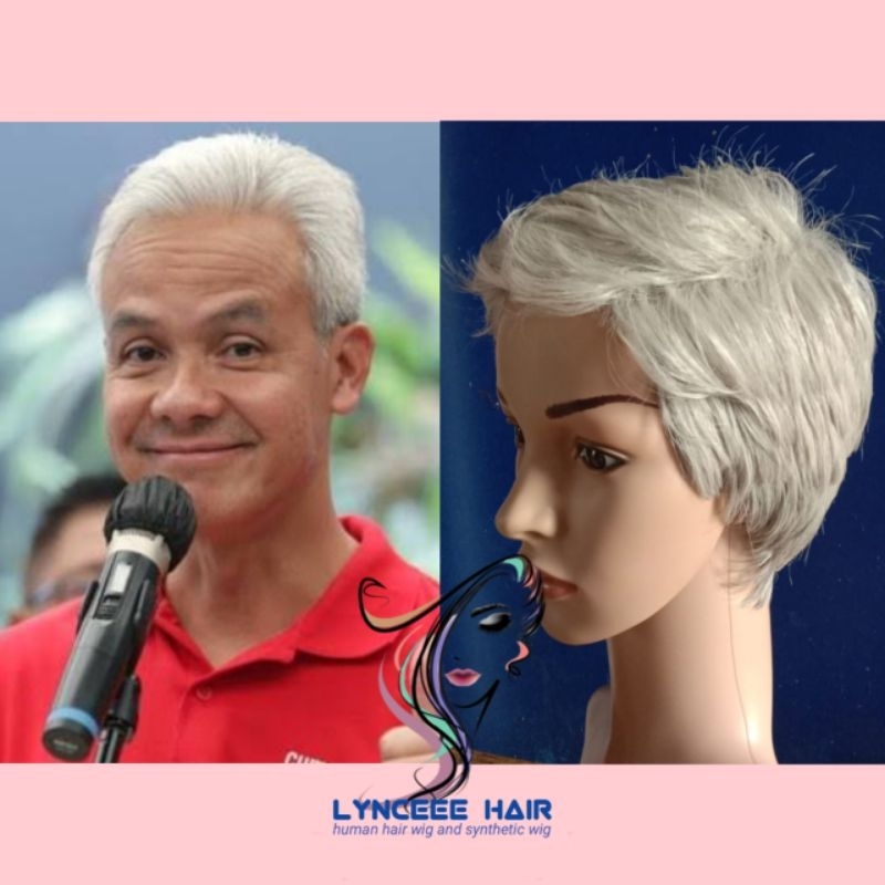 Wig Ganjar Pranowo Capres PDIP Rambut Palsu Pria Warna Putih White Cowok Pendek Belah Samping