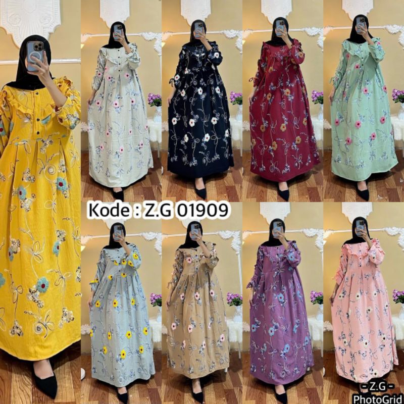 GAMIS CRINKLE BORDIR EMBROIDERRY MOTIF TIMBUL | kode 01909