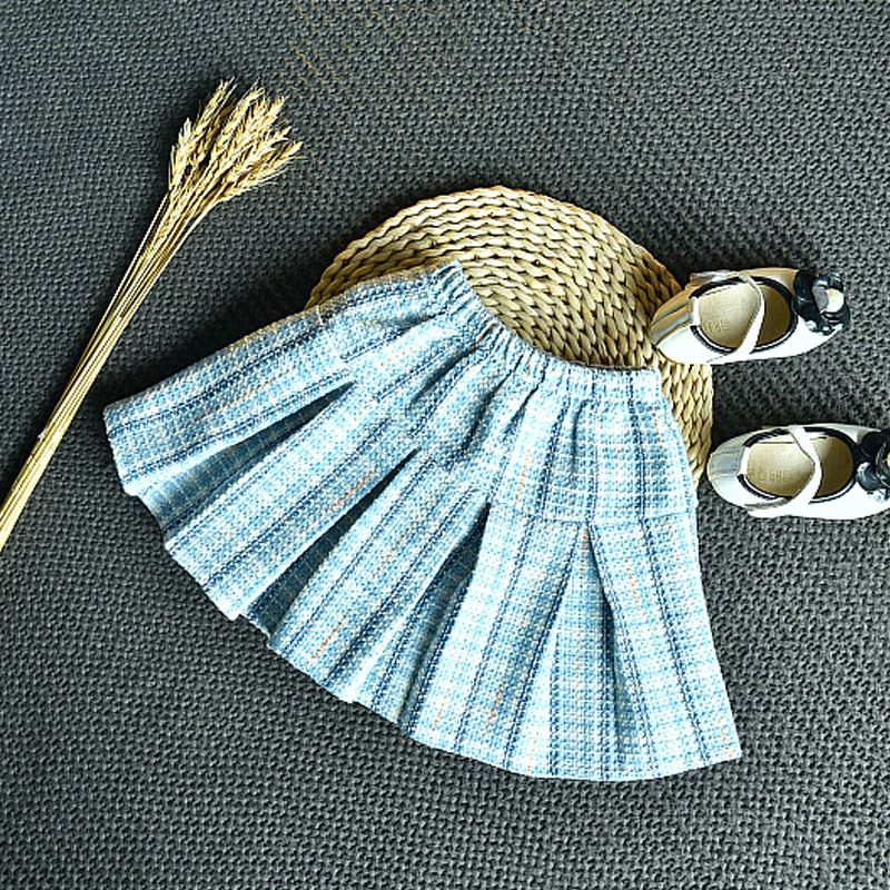 Setelan Anak Perempuan Rok Tweed Woll Motif  Kotak Biru Pocket Off Button