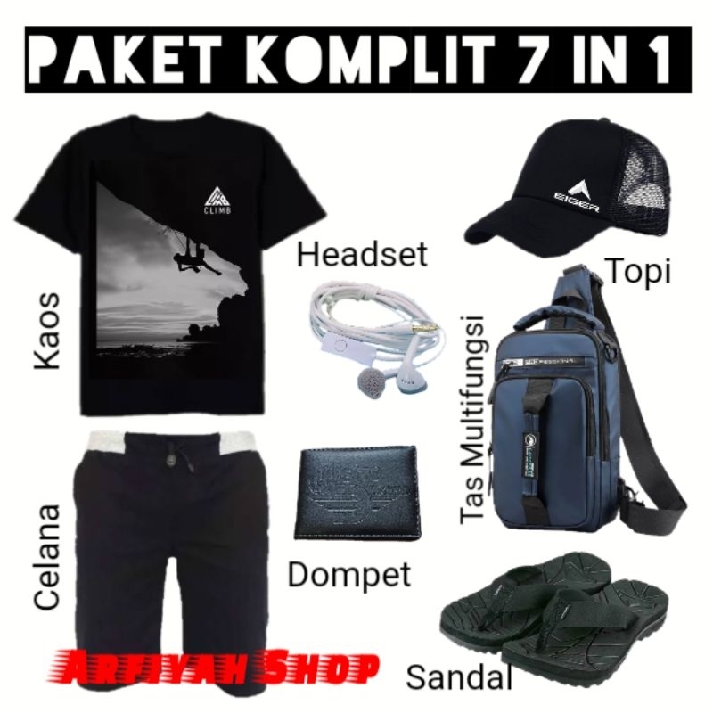 AFS - PAKET KOMPLIT 7 IN 1 (KAOS CLIMB, CELANA CHINOS PENDEK, HEADSET, DOMPET, TOPI, TAS MULTIFUNGSI