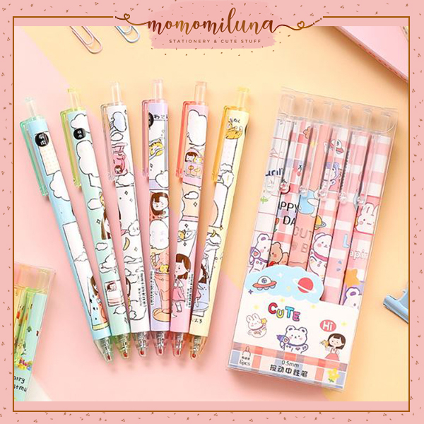 

1 set isi 6 pcs pulpen mekanik lucu cute gambar kartun tinta gel hitam