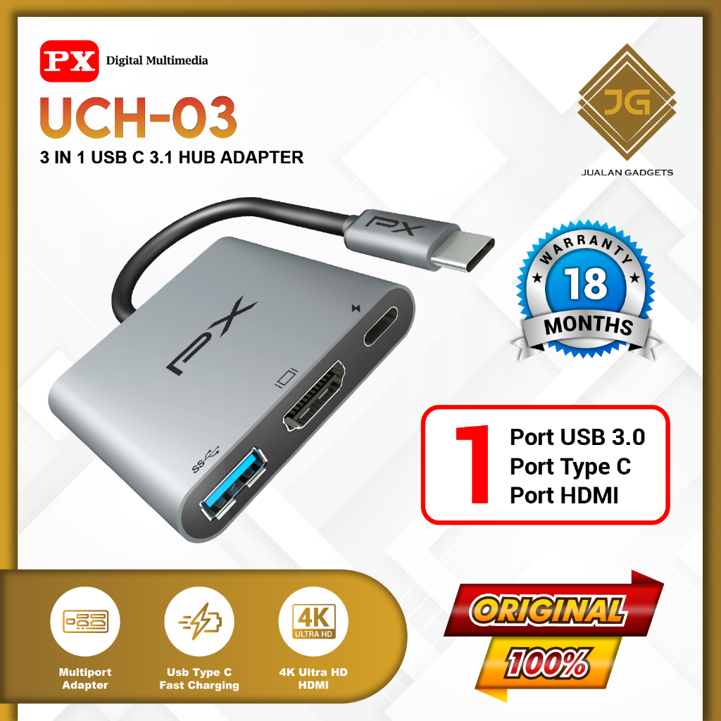 PX UCH03 USB Hub Type C 3.1 to USB Converter Laptop 3 in 1