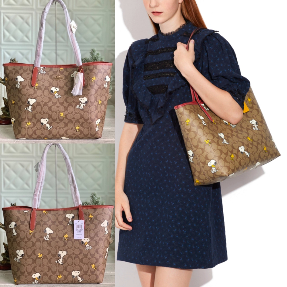 Coach X Peanuts City Tote In Signature Canvas With Snoopy Woodstock Print Tote Bag CF166
