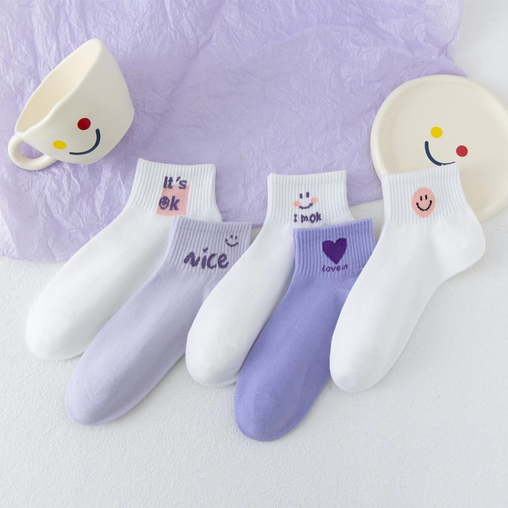 •YF• KK1125 Kaos Kaki Pendek Wanita Motif Smile Ungu Fashion Korean Semata Kaki Putih Socks Import Ankle