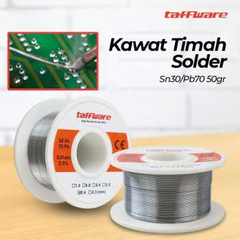 Taffware Kawat Timah Solder Sn30/Pb70 50gr biasa digunakan dalam proses solder dengan cara dilelehkan  memiliki tingkat kemurnian yang tinggi, dengan tingkat residu flux 2.0% sehingga sangat terjamin kualitasnya.