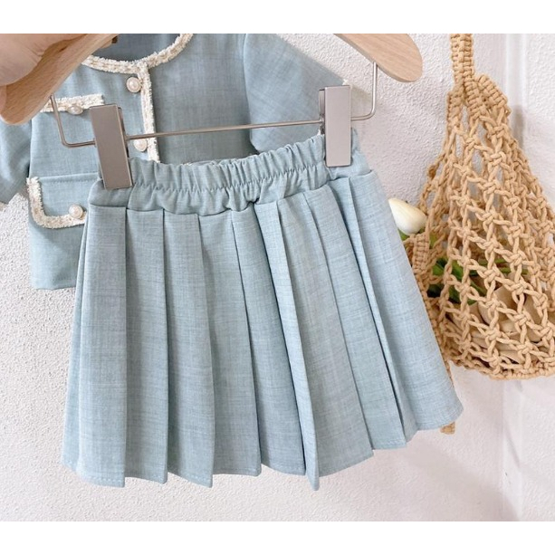 Setelan Anak Perempuan Blue Classic Short-Sleeved Bludru+Pleated Skirt