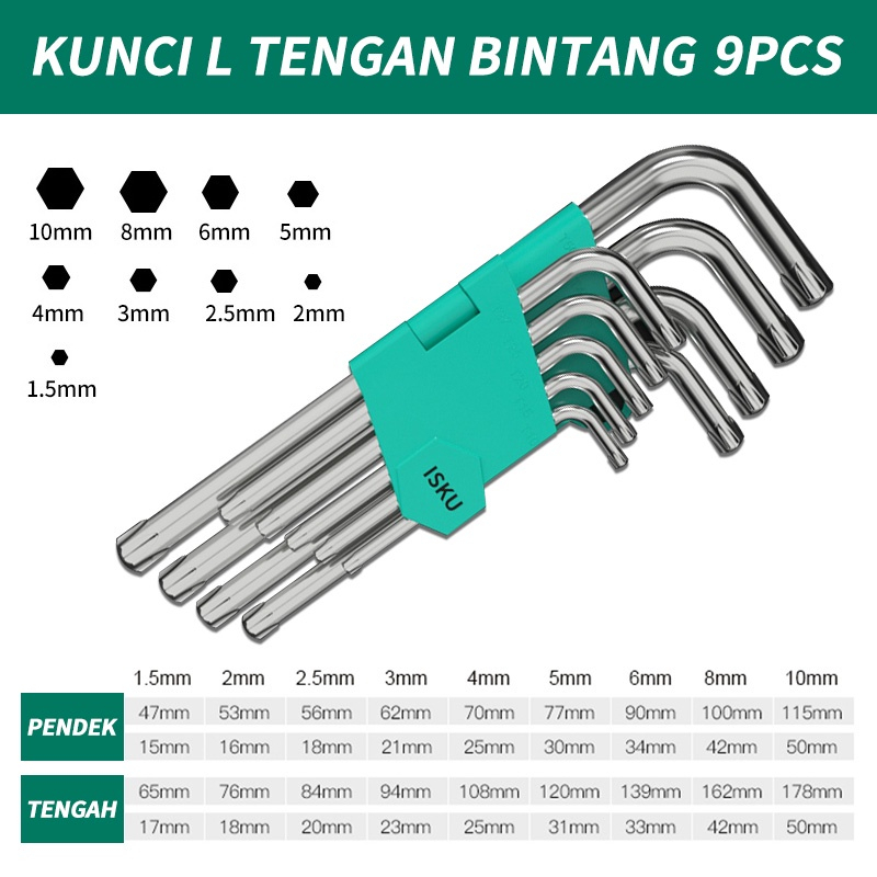 ISKU Kunci L Set Flat End Hex Set Key 9 Piece Allen Key CR-V Ball Point Hexagon L Bintang Bagus Hexwrench