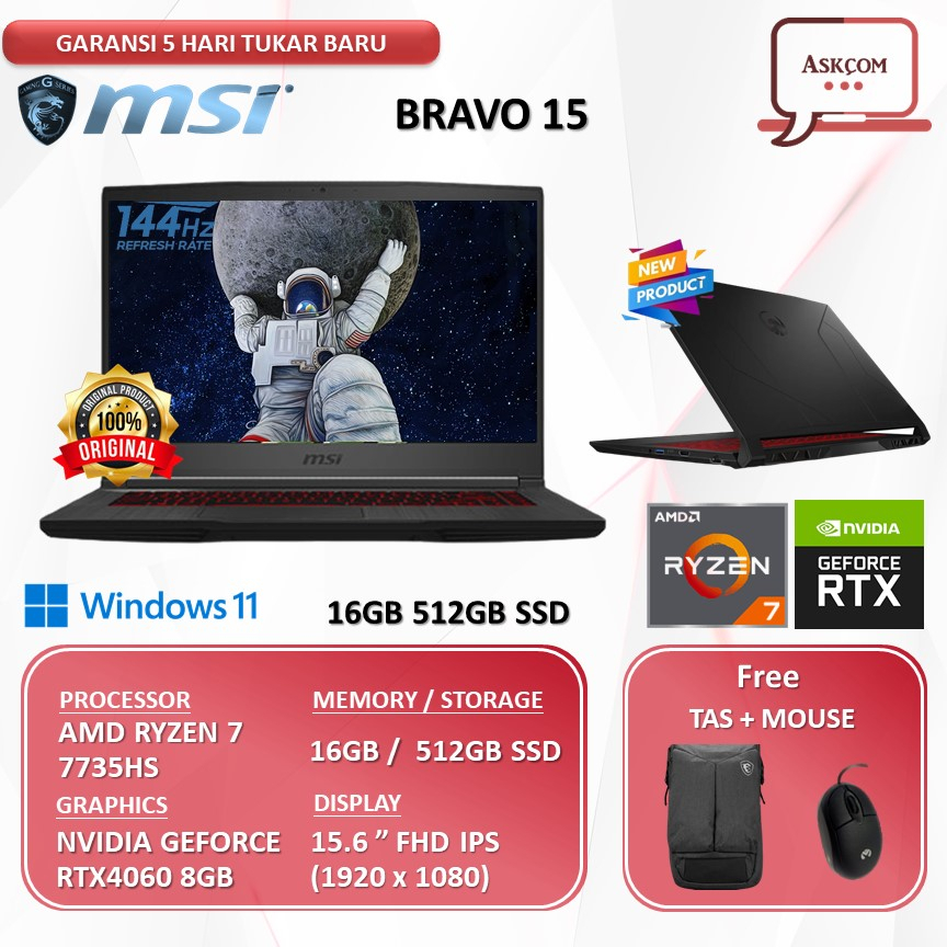 Laptop Gaming MSI BRAVO 15 RTX4060 8GB/ RYZEN 7 7735HS 16GB 512GB SSD W11 15.6FHD IPS 144HZ BLIT C7VF.026