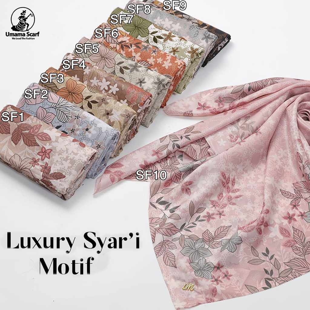 Jilbab Segiempat Syari  LUXURY PRINT Motif UMAMA LC 130 x 130 cm  kode SF metal logo bahan Cotton Lurex Glamour original PREMIUM