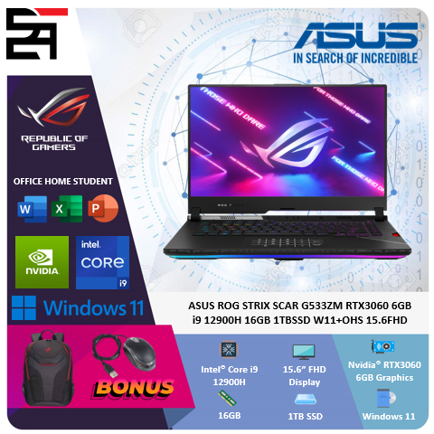 Asus Rog Strix Scar G533ZM RTX3060 6GB i9 12900H 16GB 1TB SSD W11+OHS 15.6 Inchi FHD 300Hz