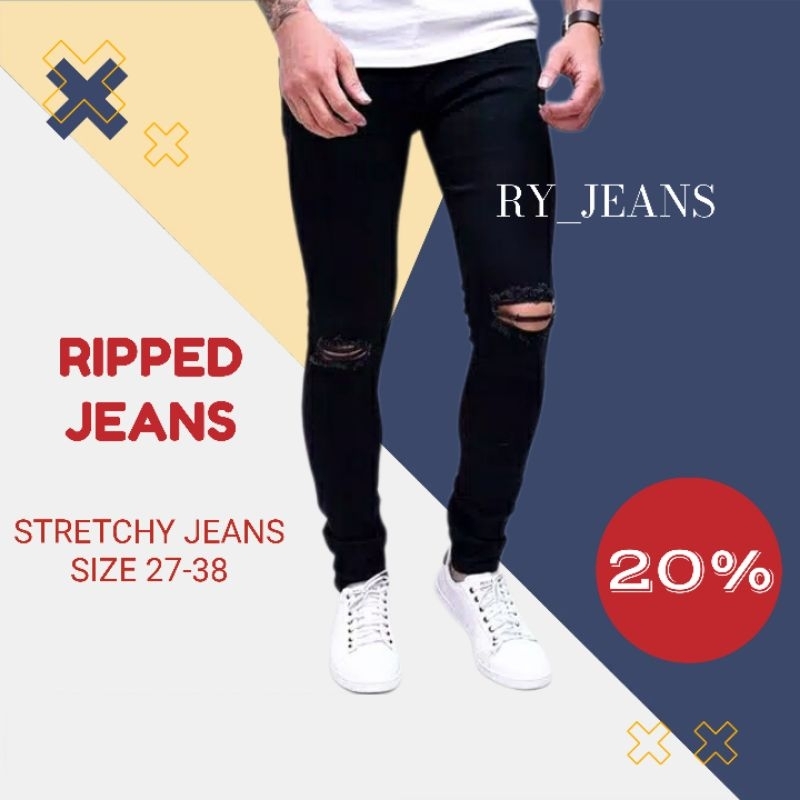 Celana jeans sobek lutut pria ripped jeans celana panjang hitam pria street melar skinny jeans pria