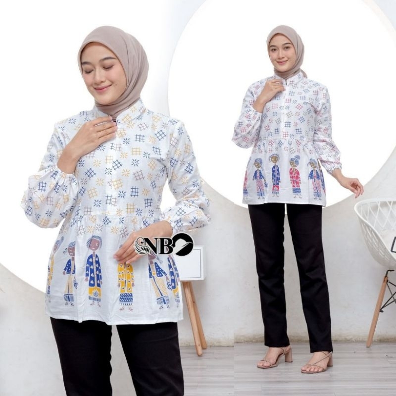Blouse Bluse Batik Wanita Modern Motif Bu Tedjo Warna Putih Ukuran M L XL XXL Jumbo Ld 110cm Bahan K