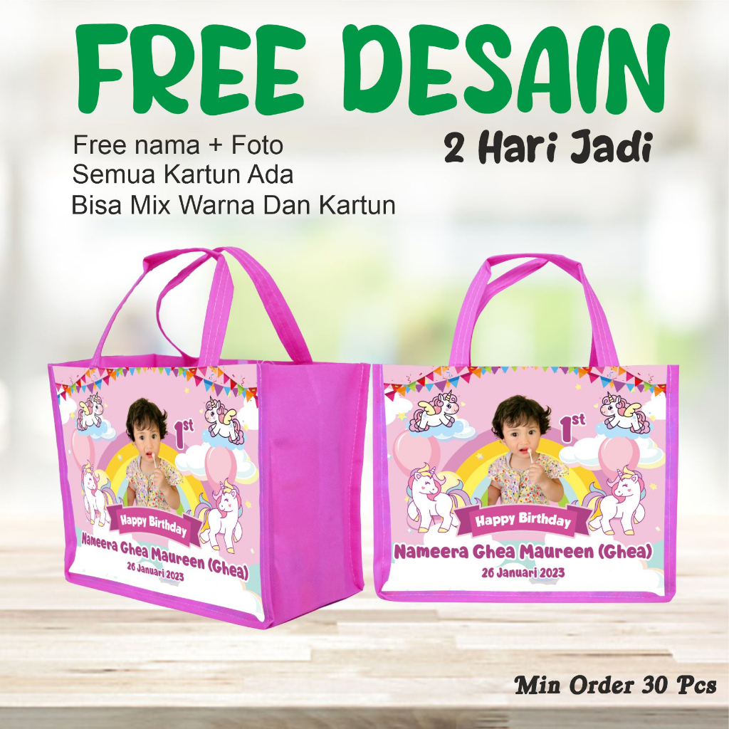 

TAS PEMBUNGKUS KEMASAN ULANG TAHUN/GOODIE BAG KADO ULTAH/FREE DESAIN