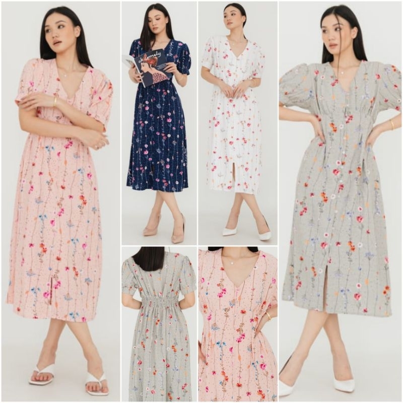 ⚡️ GOOD DEAL ⚡️ TERMURAH ! ♡ ORIGINAL ! ANDINI FLOWERY V-NECK BUTTON MIDI DRESS ( BUSUI FRIENDLY )