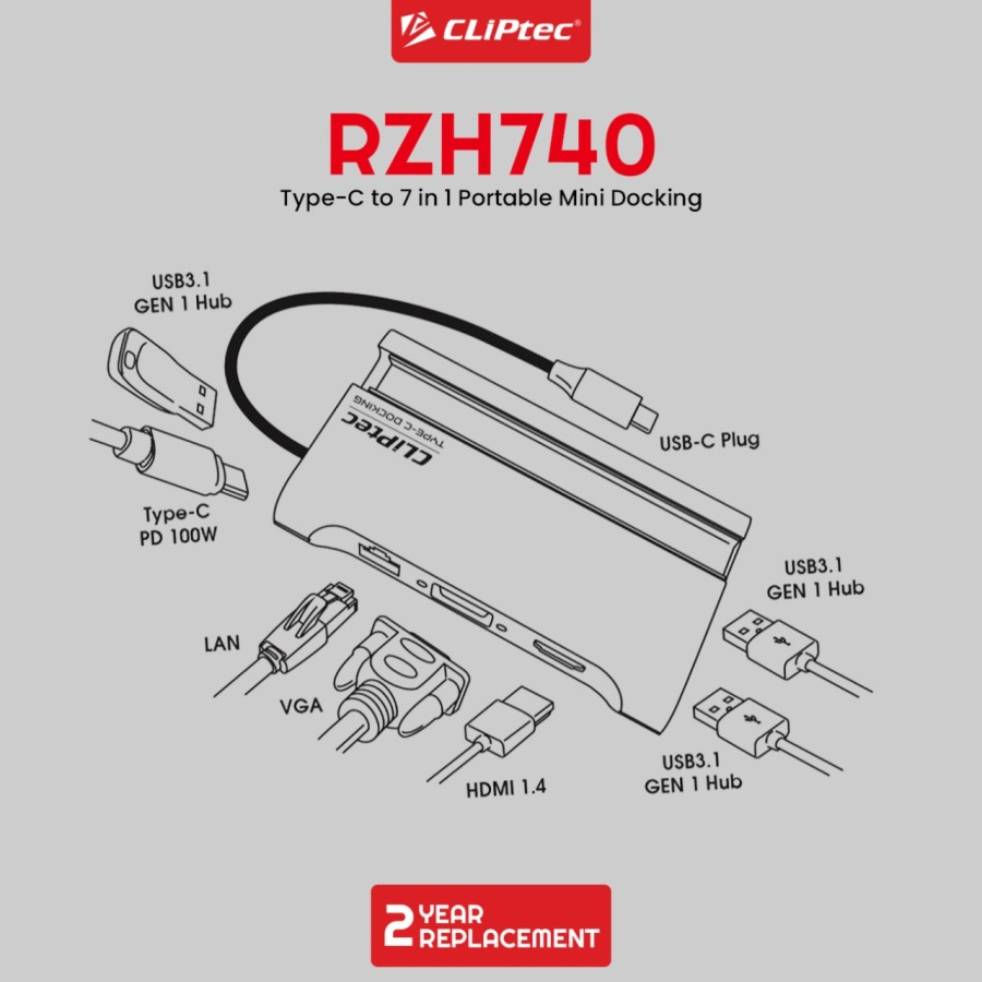 USB HUB CLIPtec RZH740TYPE-C 7 in 1 Portable Mini Docking