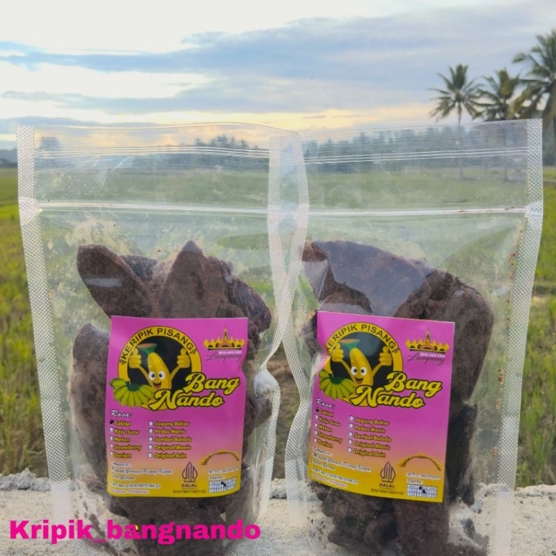 

Kripik pisang bang nando rasa coklat kemasan standing pouch 200 gram/ kripik pisang coklat / pisang coklat