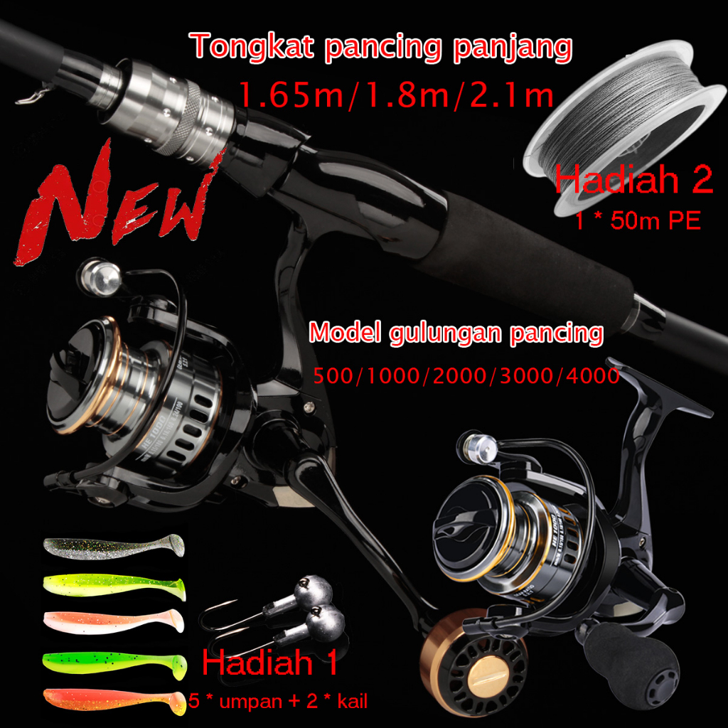 Joran Pancing Set pancing 1 set lengkap kuat / Umpan Serat Karbon Tongkat Pancing  Joran Pancing Keras untuk Laut Tongkat Pancing Joran PancingPortabel 2 Bagian 1.65M 1.8M 2.1M Joran Pancing