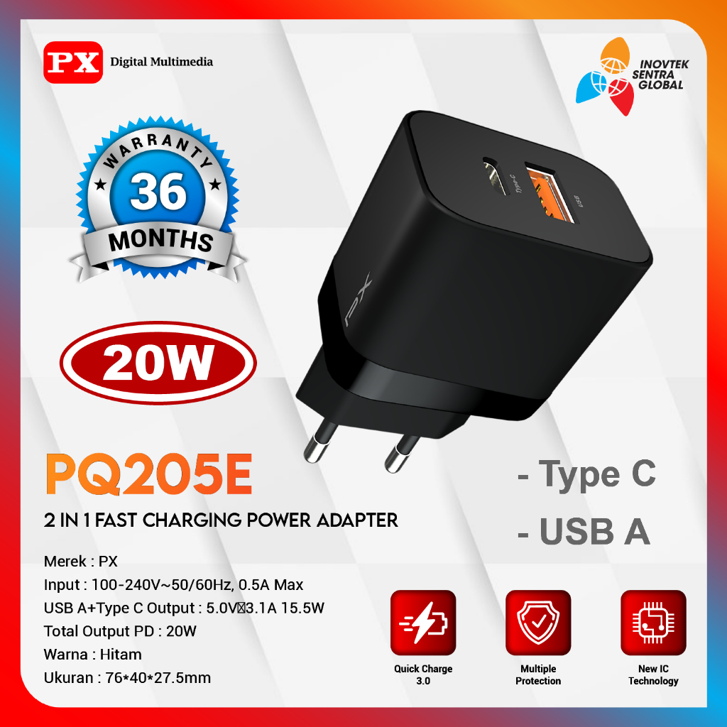 PX PQ205E Kepala Charger Adaptor 2 IN 1 Fast Charging Type C+USB A 20W