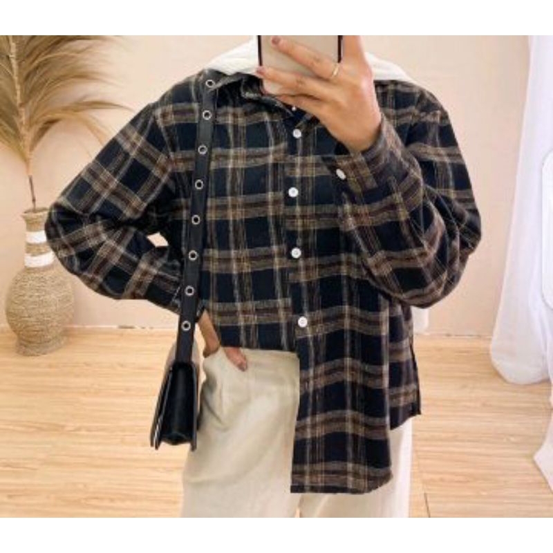Bisa COD Kemeja Flannel Wanita Lengan Panjang Nyaman Dipakai Kemeja Kotak Wanita Terbaru Kemeja Flan
