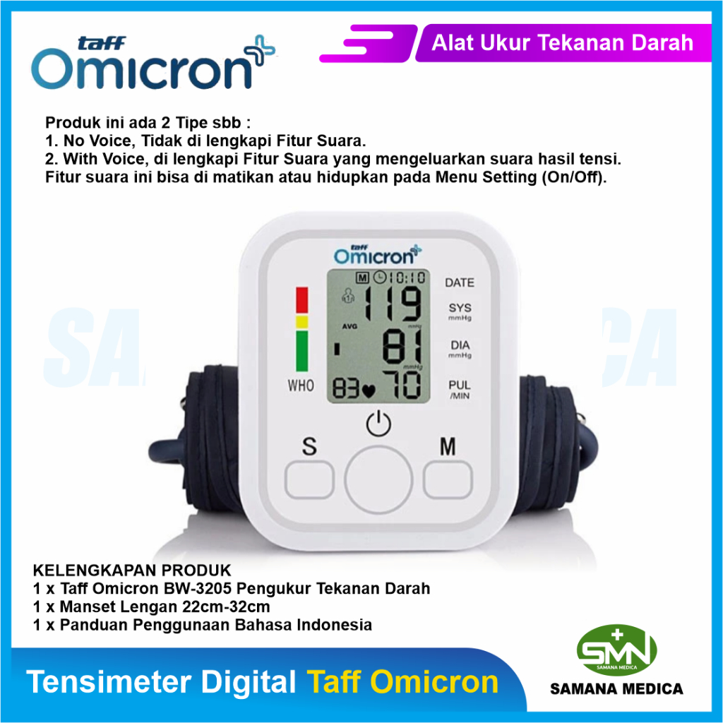 Tensimeter Digital Dengan SUARA Taff Omicron BW-3205 Sphygmomanometer Pengukur Tekanan Darah - FREE BATERAI